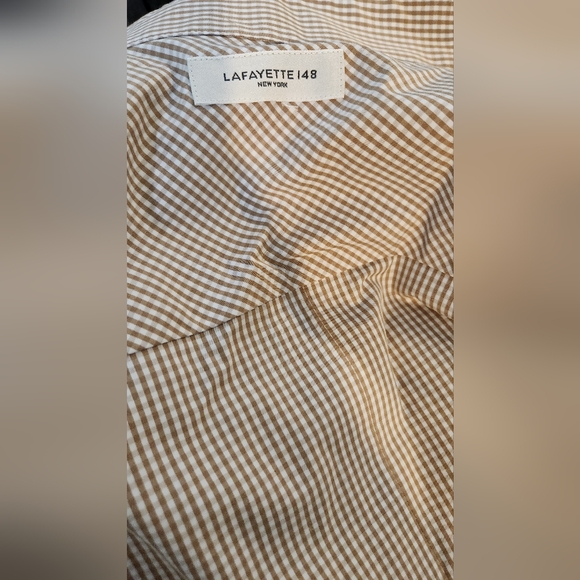 Women's Lafayette 148 Brown/Tan Striped Button Down Shirt, size M - Picture 2 of 10